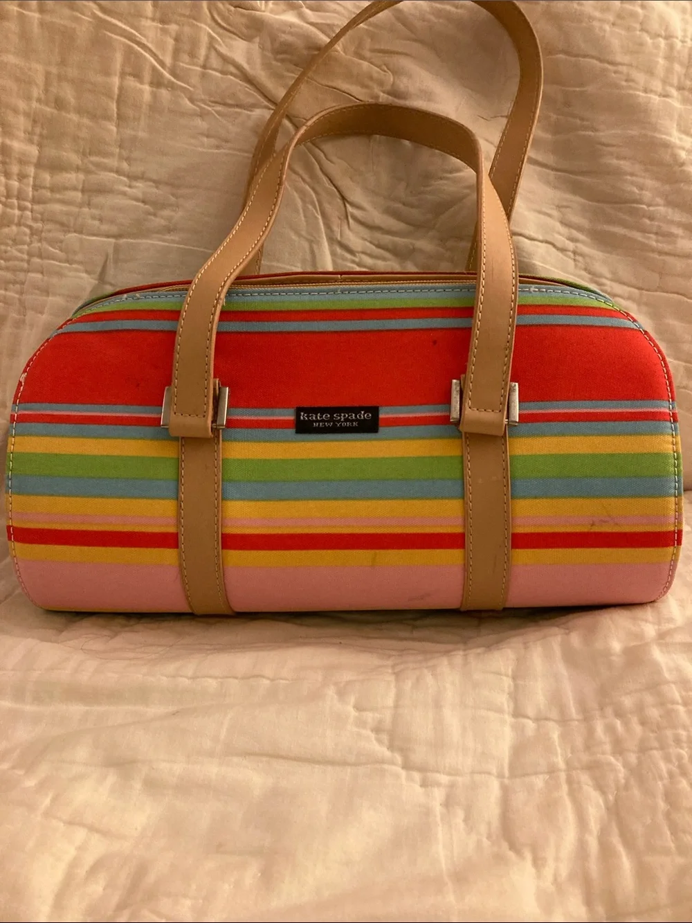 kate spade Multicolor Striped Barrel Satchel - Red, Pink, Yellow & Green